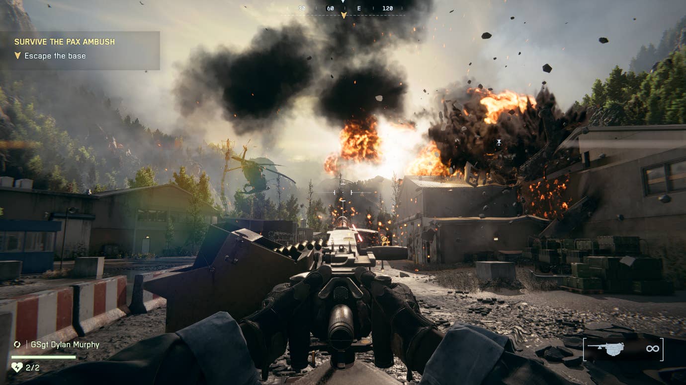 Helicopters explode during a Humvee turret shooting section in Battlefield 6.